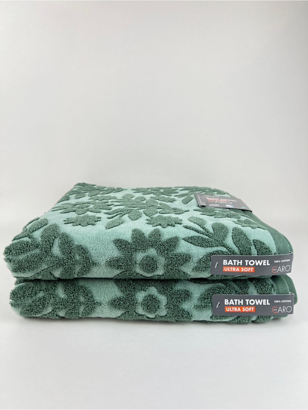 Caro Home Bath Towels Green Floral Embroidered Ultra Soft Cotton 2 Pc NEW